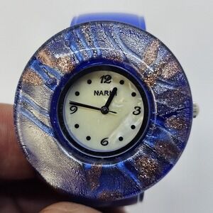 Narmi Watch Women's Cuff Bracelet 42MM Cream Dial Blue Band 5" New Battery